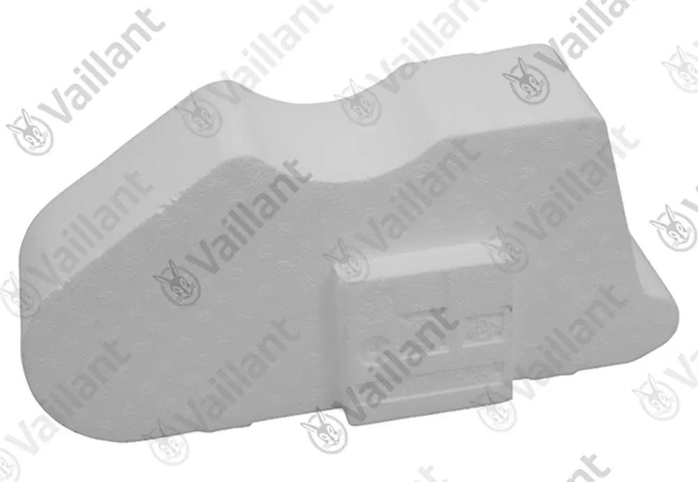 Weißer Halter von Vaillant mit einer konturierten Form, gefertigt aus Styropor. Das Produkt zeigt eine glatte Oberfläche und ist für die Verwendung in Heizsystemen konzipiert.